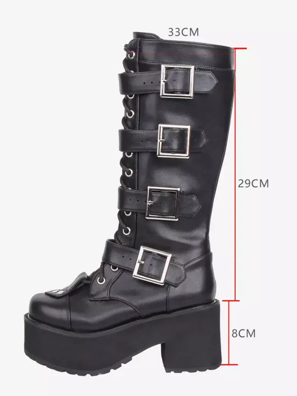 Bottes Gothic Lolita noires à bout rond en cuir PU à talon épais montantes jusqu'aux genoux