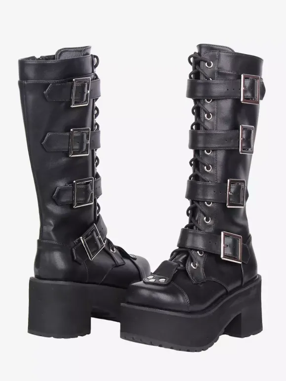 Bottes Gothic Lolita noires à bout rond en cuir PU à talon épais montantes jusqu'aux genoux