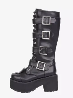 Bottes Gothic Lolita noires à bout rond en cuir PU à talon épais montantes jusqu'aux genoux