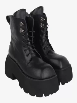 Bottes gothiques Lolita avec 艙illets noirs bout carré métallique chaussures Lolita en cuir PU