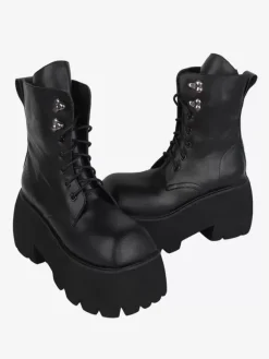 Bottes gothiques Lolita avec 艙illets noirs bout carré métallique chaussures Lolita en cuir PU