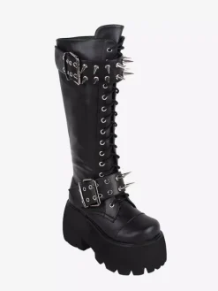 Bottes gothiques Lolita avec 艙illets noirs rivets bout rond métallique chaussures Lolita en cuir PU