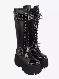 Bottes gothiques Lolita avec 艙illets noirs rivets bout rond métallique chaussures Lolita en cuir PU