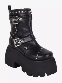 Bottes gothiques Lolita avec 艙illets noirs bout rond métallique chaussures Lolita en cuir PU