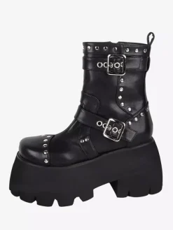 Bottes gothiques Lolita avec 艙illets noirs bout rond métallique chaussures Lolita en cuir PU