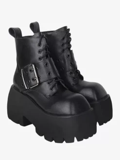 Bottes gothiques Lolita avec 艙illets blancs bout carré métallique chaussures Lolita en cuir PU