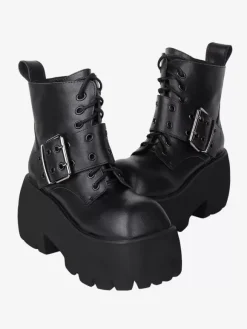 Bottes gothiques Lolita avec 艙illets blancs bout carré métallique chaussures Lolita en cuir PU