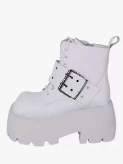 Bottes gothiques Lolita avec 艙illets blancs bout carré métallique chaussures Lolita en cuir PU