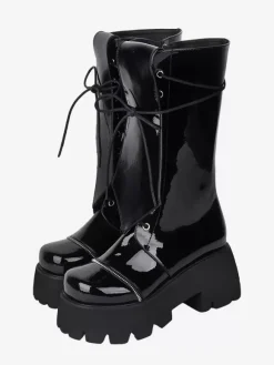 Bottes gothiques Lolita avec 艙illets noirs bout rond métallique chaussures Lolita en cuir PU