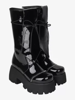 Bottes gothiques Lolita avec 艙illets noirs bout rond métallique chaussures Lolita en cuir PU