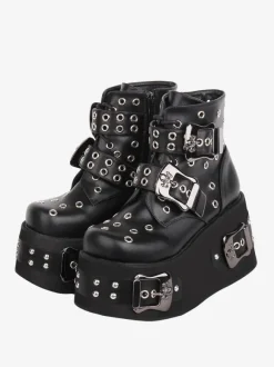 Bottes gothiques Lolita Cuir PU 艗illets Bout rond Chaussures Lolita noires