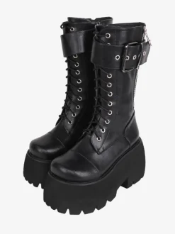 Bottes gothiques Lolita en cuir PU à bout rond  chaussures Lolita noires