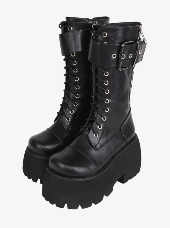 Bottes gothiques Lolita en cuir PU à bout rond chaussures Lolita noires