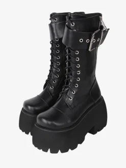 Bottes gothiques Lolita en cuir PU à bout rond chaussures Lolita noires