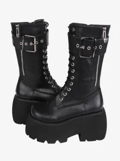 Bottes gothiques Lolita en cuir PU à bout rond chaussures Lolita noires