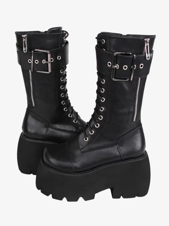 Bottes gothiques Lolita en cuir PU à bout rond chaussures Lolita noires