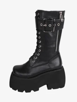Bottes gothiques Lolita en cuir PU à bout rond chaussures Lolita noires