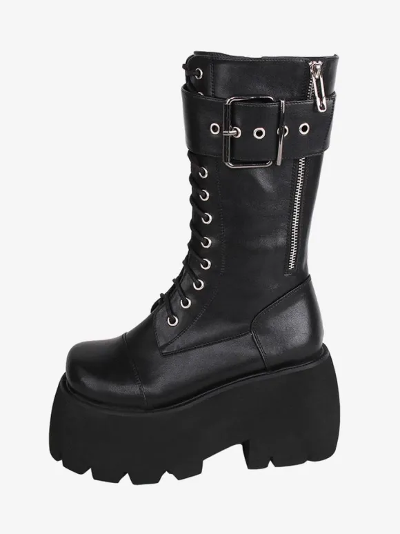 Bottes gothiques Lolita en cuir PU à bout rond chaussures Lolita noires