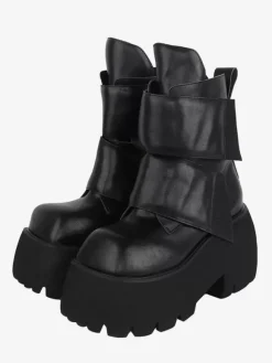 Bottes gothiques Lolita en cuir PU à bout carré à plusieurs niveaux chaussures Lolita noires