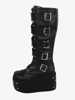 Bottes gothiques Lolita en cuir PU 艙illets métalliques rivets bout rond chaussures Lolita noires
