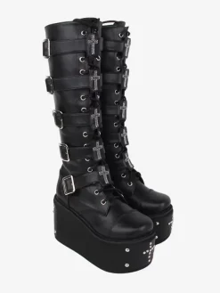 Bottes gothiques Lolita en cuir PU 艙illets métalliques rivets bout rond chaussures Lolita noires