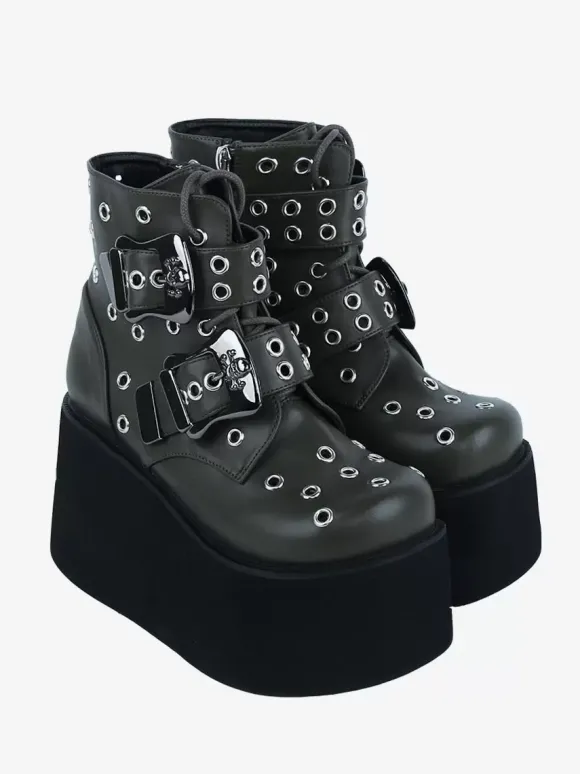 Bottes gothiques Lolita en cuir PU avec 艙illets métalliques bout rond chaussures Lolita vert chasseur