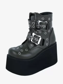 Bottes gothiques Lolita en cuir PU avec 艙illets métalliques bout rond chaussures Lolita vert chasseur