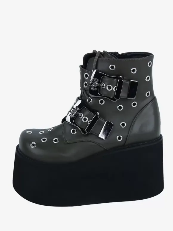 Bottes gothiques Lolita en cuir PU avec 艙illets métalliques bout rond chaussures Lolita vert chasseur