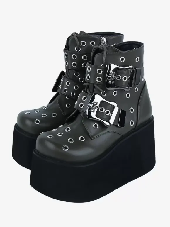 Bottes gothiques Lolita en cuir PU avec 艙illets métalliques bout rond chaussures Lolita vert chasseur