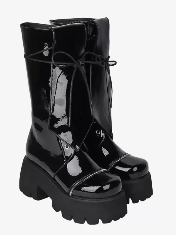 Bottes gothiques Lolita en cuir PU à lacets et bout rond chaussures noires Lolita
