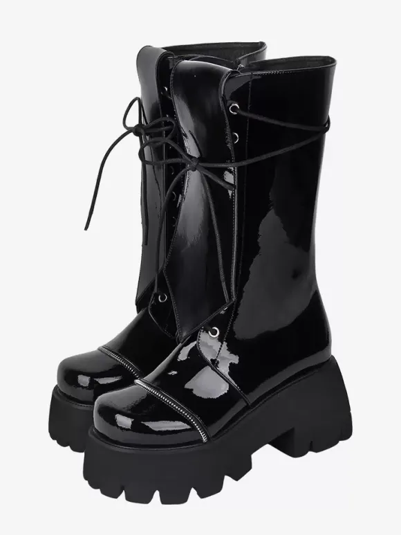 Bottes gothiques Lolita en cuir PU à lacets et bout rond chaussures noires Lolita