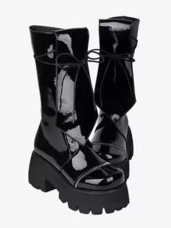Bottes gothiques Lolita en cuir PU à lacets et bout rond chaussures noires Lolita