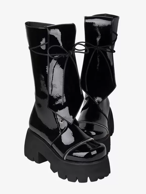 Bottes gothiques Lolita en cuir PU à lacets et bout rond chaussures noires Lolita