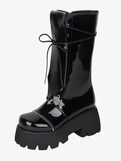 Bottes gothiques Lolita en cuir PU à lacets et bout rond chaussures noires Lolita