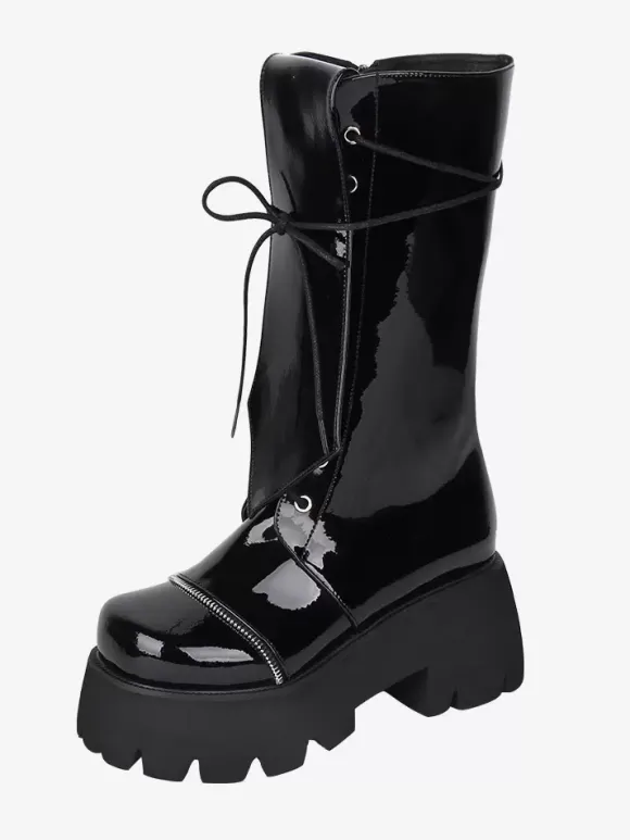 Bottes gothiques Lolita en cuir PU à lacets et bout rond chaussures noires Lolita