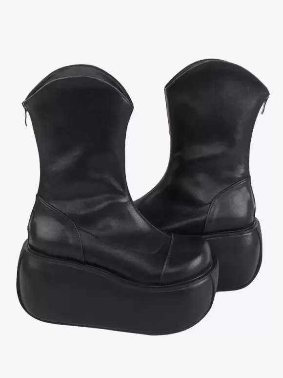 Bottes gothiques Lolita noires en cuir PU à bout rond chaussures Lolita