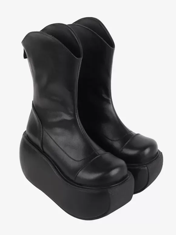 Bottes gothiques Lolita noires en cuir PU à bout rond chaussures Lolita