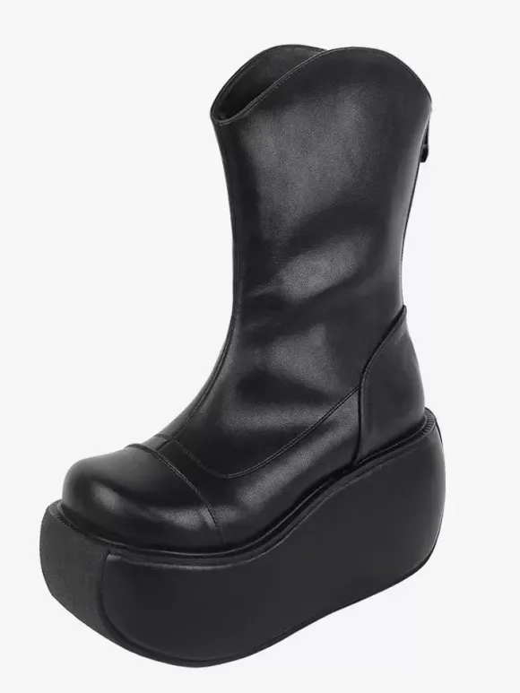 Bottes gothiques Lolita noires en cuir PU à bout rond chaussures Lolita