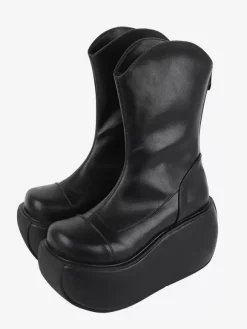 Bottes gothiques Lolita noires en cuir PU à bout rond chaussures Lolita