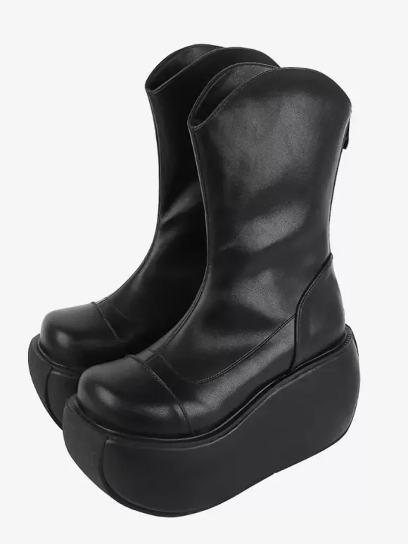 Bottes gothiques Lolita noires en cuir PU à bout rond chaussures Lolita