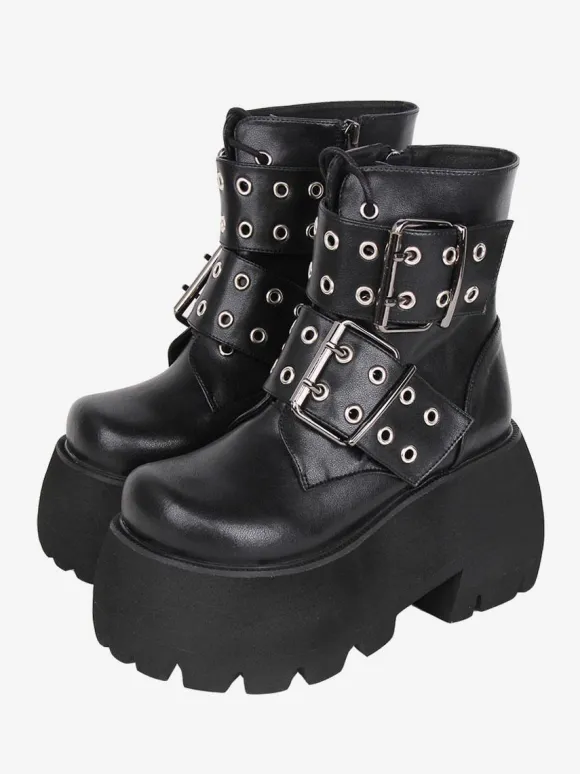 Bottes gothiques Lolita noires en cuir PU à bout rond chaussures Lolita