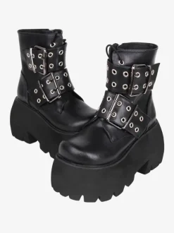 Bottes gothiques Lolita noires en cuir PU à bout rond chaussures Lolita