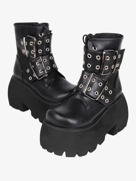 Bottes gothiques Lolita noires en cuir PU à bout rond chaussures Lolita