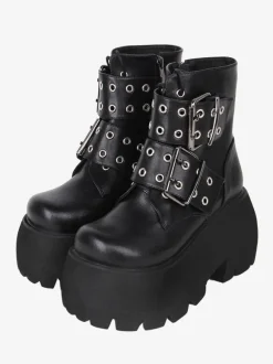 Bottes gothiques Lolita noires en cuir PU à bout rond chaussures Lolita