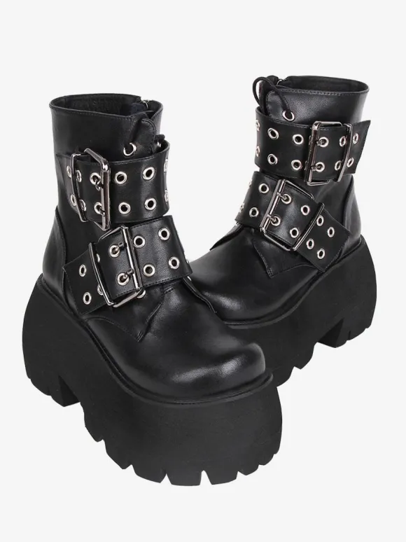 Bottes gothiques Lolita noires en cuir PU à bout rond chaussures Lolita