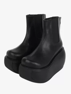 Bottes gothiques Lolita noires en cuir PU à bout rond chaussures Lolita