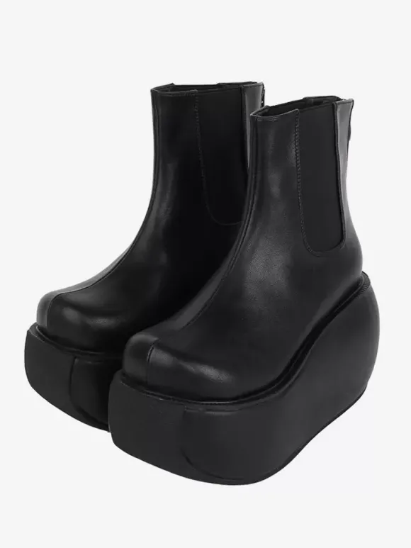 Bottes gothiques Lolita noires en cuir PU à bout rond chaussures Lolita