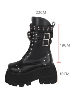 Bottes gothiques épaisses Lolita en cuir PU à bout rond chaussures Lolita noires