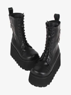 Bottes gothiques épaisses Lolita noires en cuir PU à bout rond chaussures Lolita