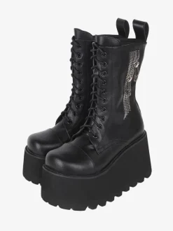 Bottes gothiques épaisses Lolita noires en cuir PU à bout rond chaussures Lolita